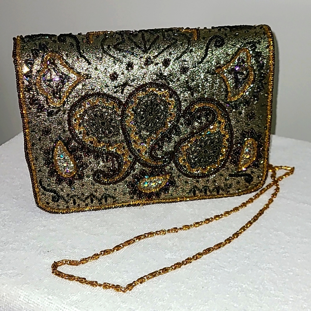 Metallic Beaded Handbag with Chain Strap
